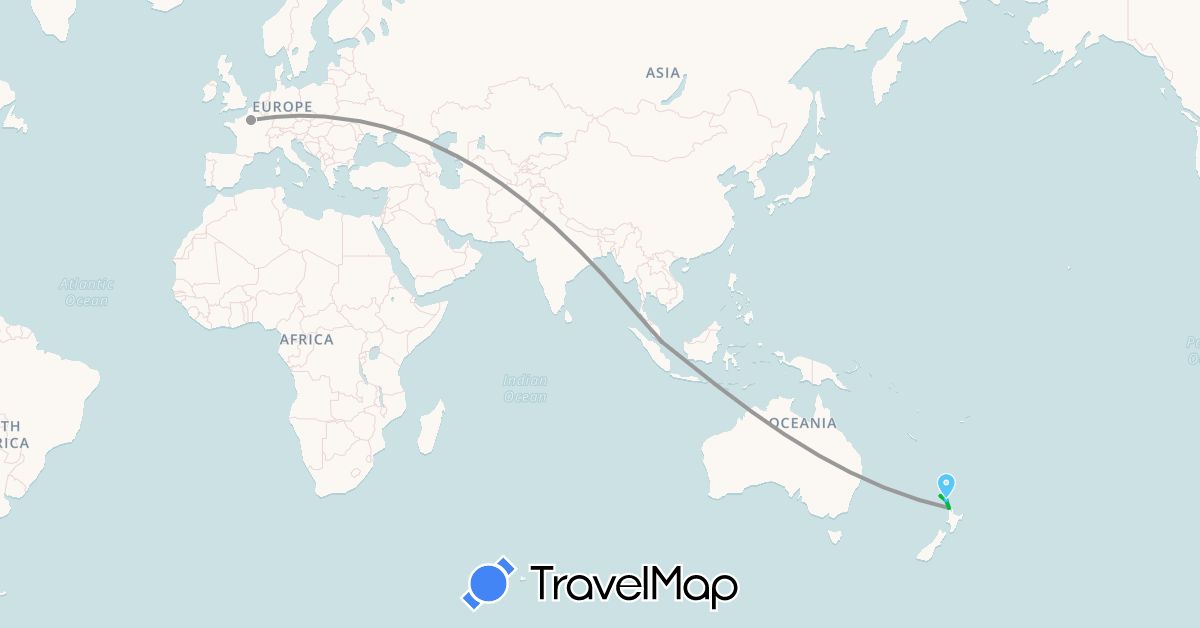 TravelMap itinerary: driving, bus, plane, hiking, boat in France, New Zealand, Singapore (Asia, Europe, Oceania)